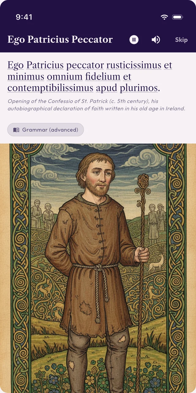 A Credo lesson: the opening of St Patrick's Confessio, in Latin, with its illustration