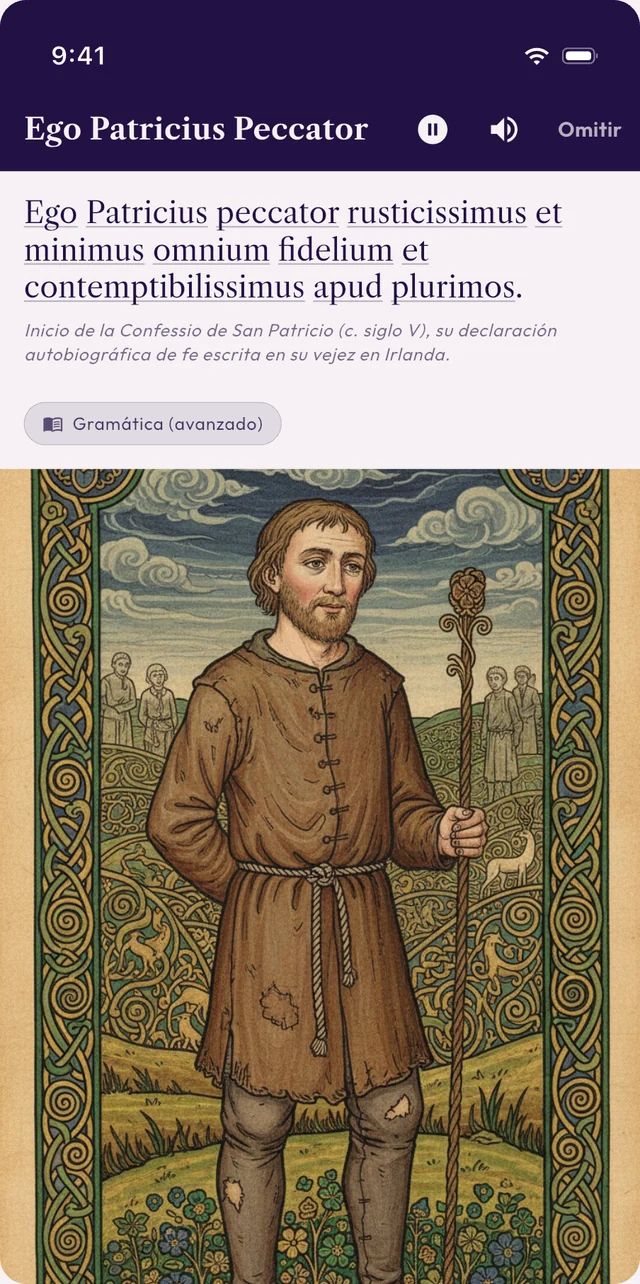 Una lección de Credo: el comienzo de la Confessio de san Patricio, en latín, con su ilustración