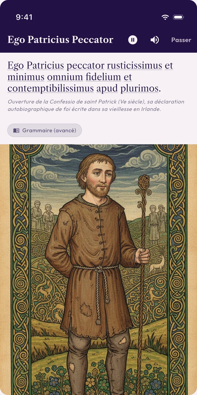 Une leçon de Credo : le début de la Confessio de saint Patrick, en latin, avec son illustration