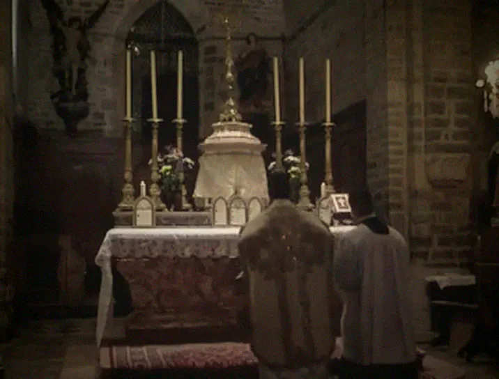 Priest and server kneel at the foot of the altar for the prayers after Low Mass.