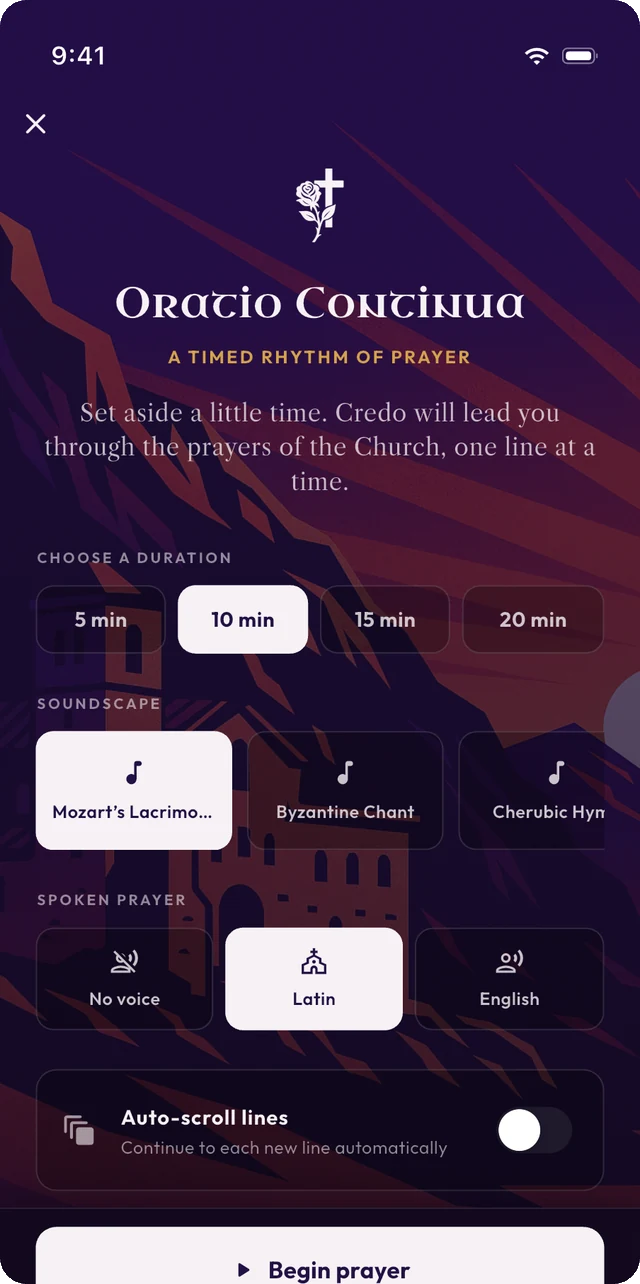 Oratio Continua on an iPhone: choosing a duration, a soundscape and Latin narration before beginning to pray.
