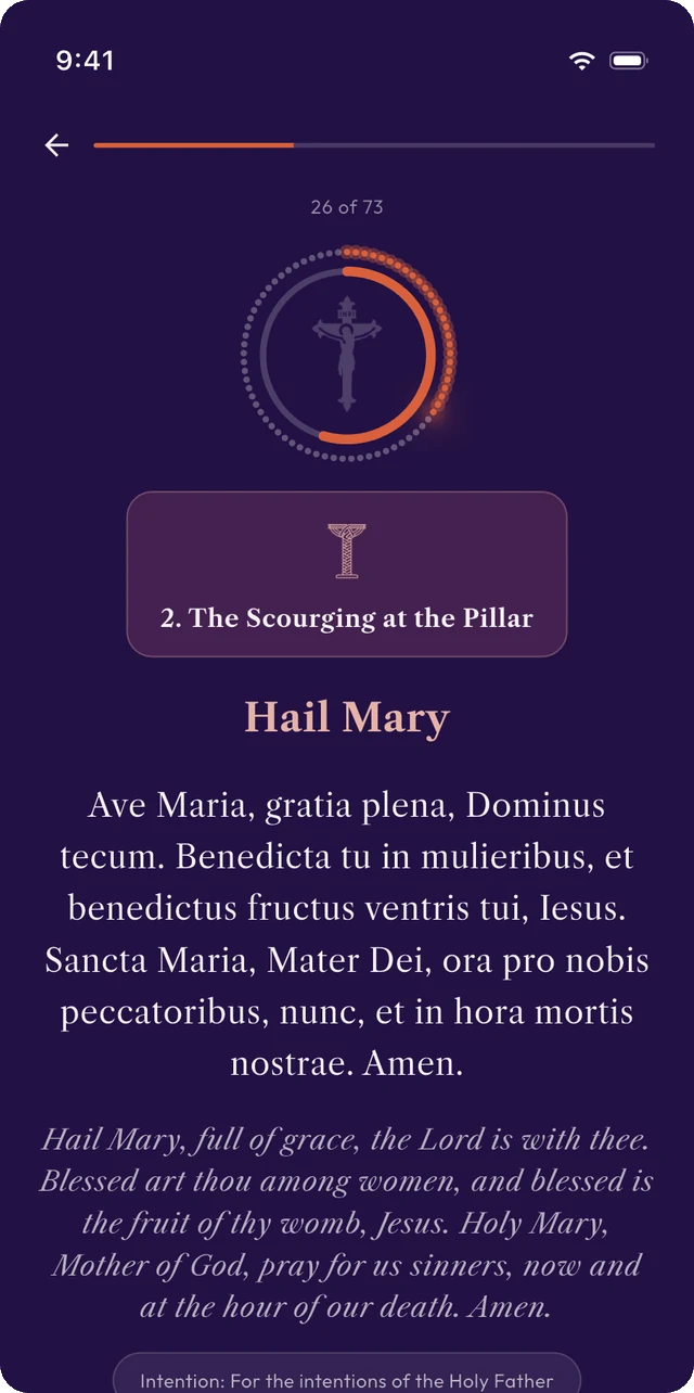 The Rosary in Credo: the Hail Mary in Latin and English under a ring of beads, with the intention at the foot of the screen.